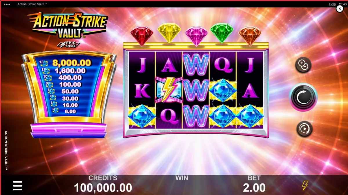 Tampilan visual slot Action Strike Vault dengan tema neon luar angkasa