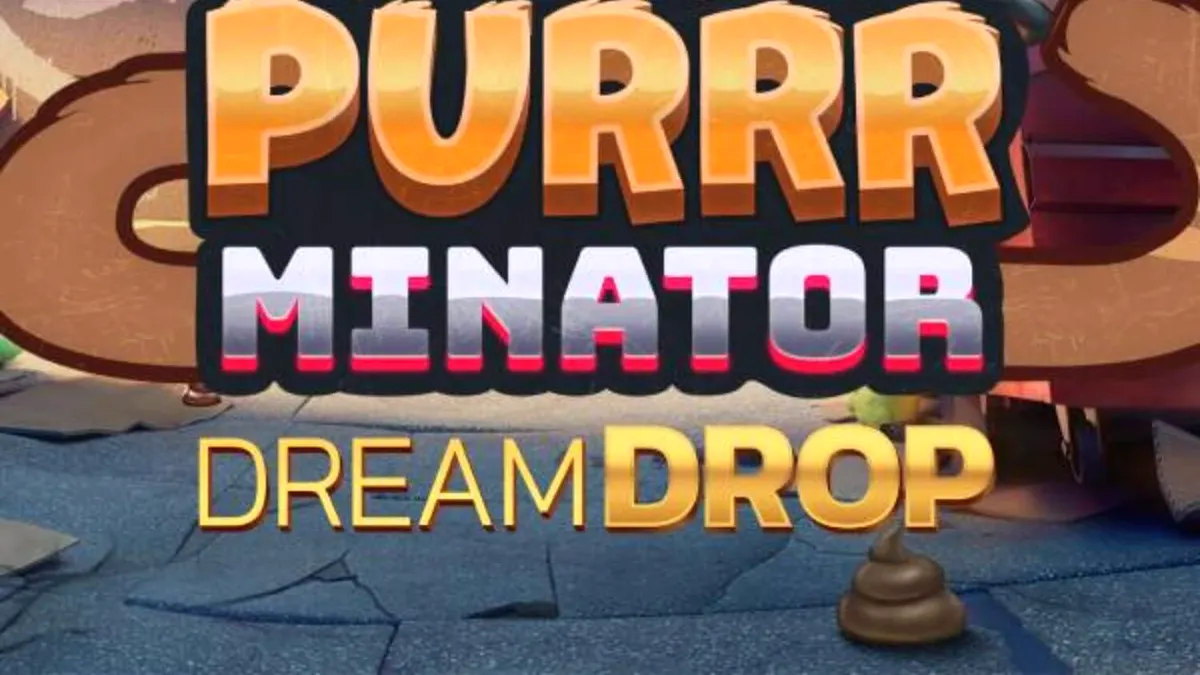 Tampilan layar permainan slot Purrrminator Dream Drop dengan tema futuristik
