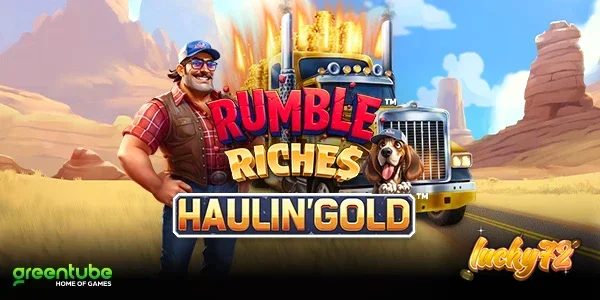 Tampilan visual truk dan elemen emas dalam permainan slot Rumble Riches Haulin Gold
